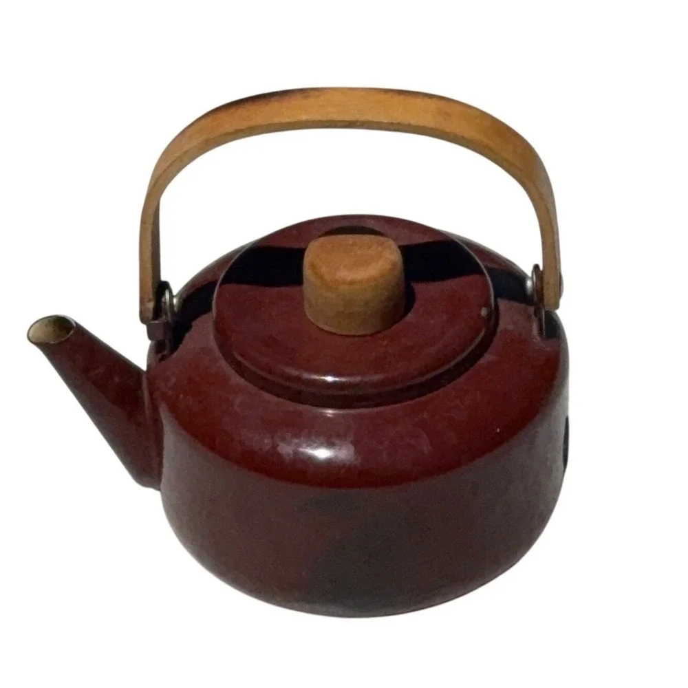Vintage MCM Teapot Kettle Wood Handle Brown Enamel Scandinavian Japanese Style